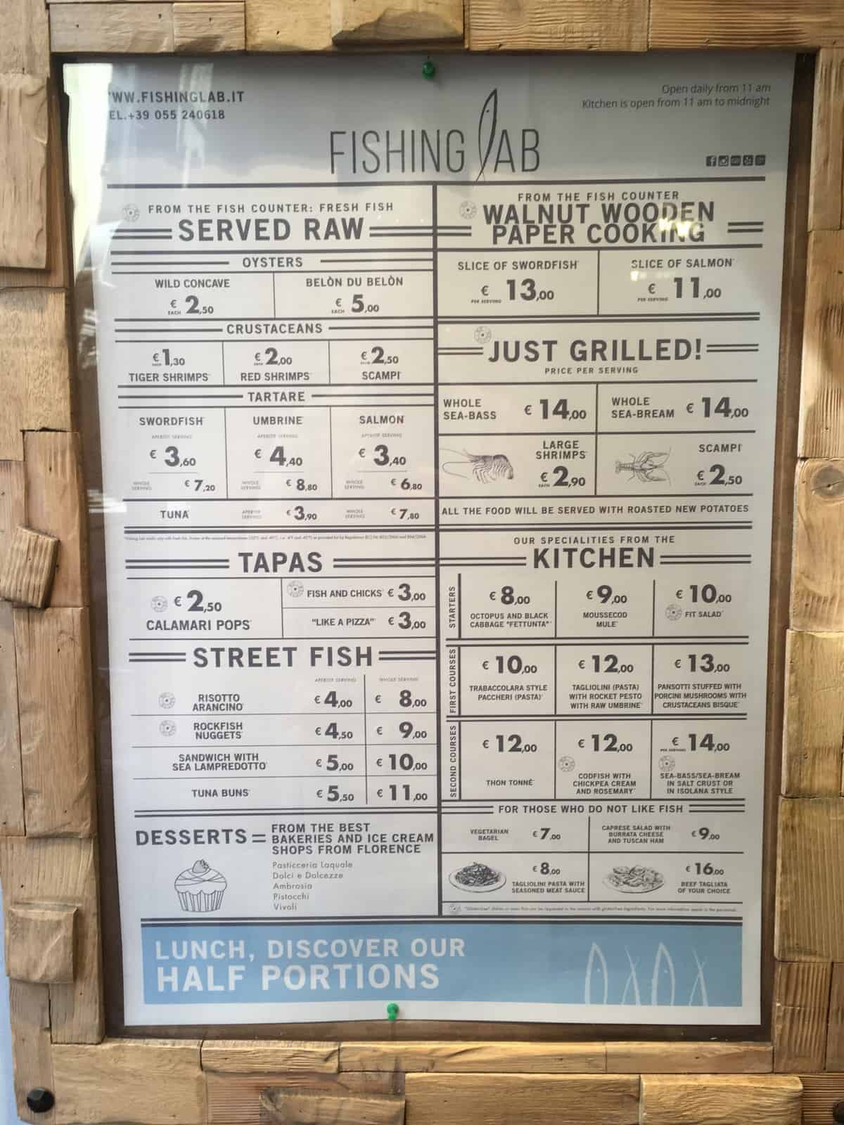 Menu posted in the entry for Fishing Lab