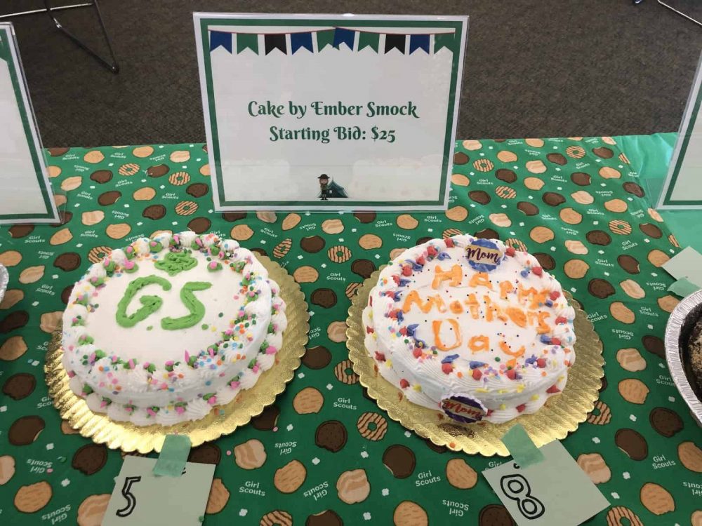 Cakes made by Junior Girl Scouts for a cake auction