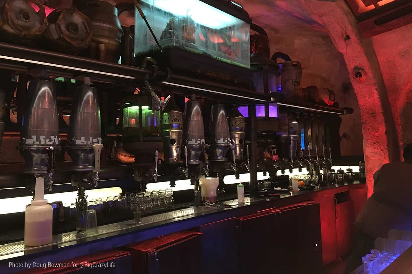 The many taps behind the bar at Oga's Cantina