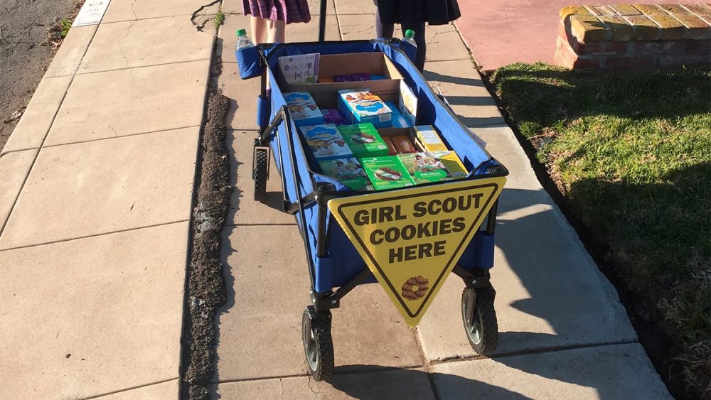 A wagon with signage attached